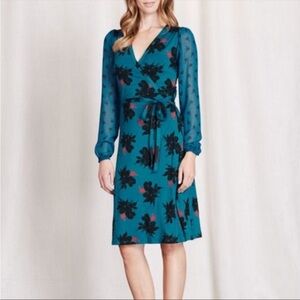 Boden Teal Floral Wrap Midi Dress with Black and Red Accents